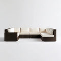 5-osobowa narożna sofa ogrodowa z technorattanu, brązowa z kremowymi poduszkami, 280 × 210 × 75 cm