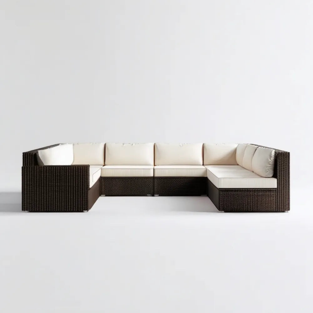 5-osobowa narożna sofa ogrodowa z technorattanu, brązowa z kremowymi poduszkami, 280 × 210 × 75 cm