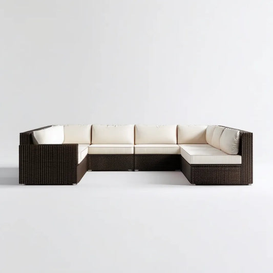5-osobowa narożna sofa ogrodowa z technorattanu, brązowa z kremowymi poduszkami, 280 × 210 × 75 cm