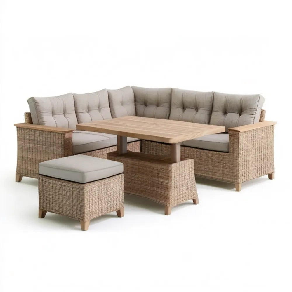 Beżowo-brązowy zestaw ogrodowy z technorattanu: sofa narożna 220 × 220 cm, stół 120 × 70 cm i pufa