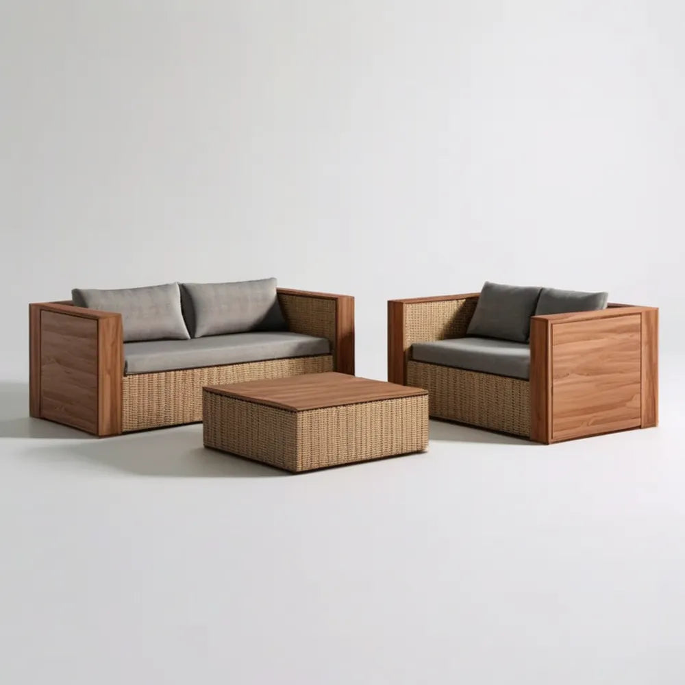 3-częściowy komplet mebli ogrodowych z drewna akacjowego i technorattanu, brązowy/beżowy/szary – sofa 150 x 75 x 72 cm, fotel 85 x 75 x 72 cm, stolik 100 x 60 x 40 cm