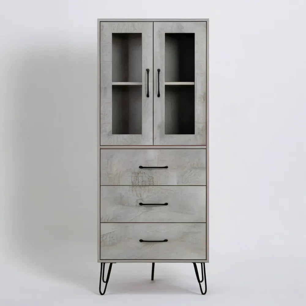 Witryna z MDF w dekorze szarego betonu, 80 x 40 x 180 cm, 2 szklane drzwi i 3 szuflady