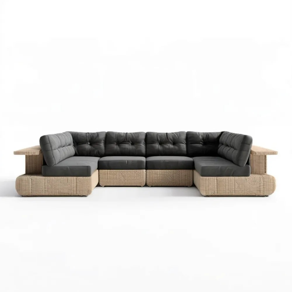 Modułowy zestaw wypoczynkowy ogrodowy z plecionki PE i poduszkami, beżowo-czarny, 300 x 80 x 75 cm