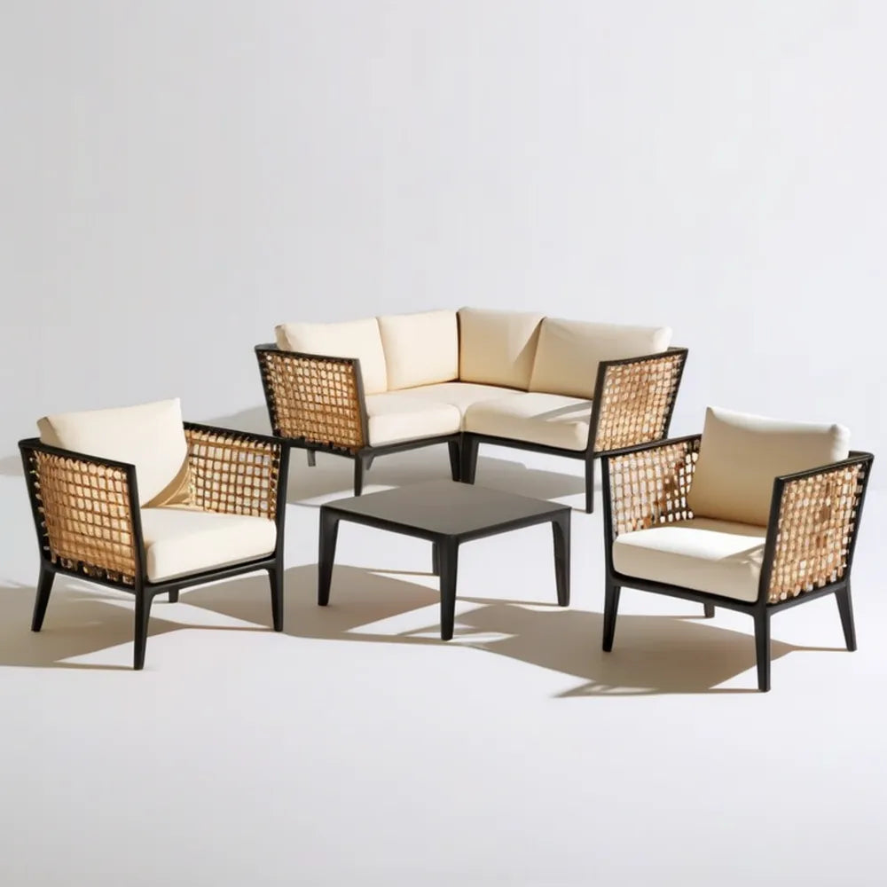 5-częściowy zestaw wypoczynkowy z technorattanu PE, beżowo-czarno-naturalny brąz, sofa narożna 140 x 70 x 75 cm