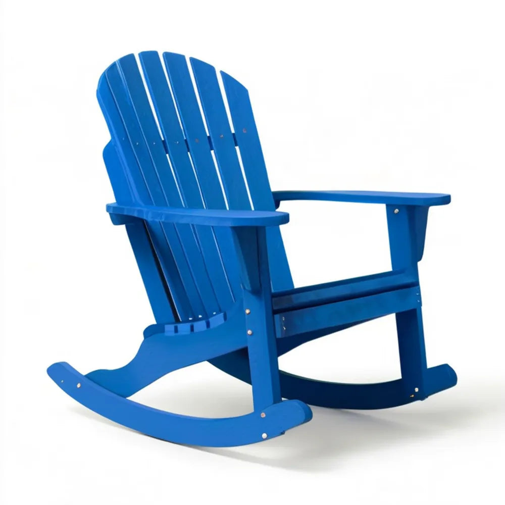 Niebieski fotel bujany Adirondack z HDPE, wysokie oparcie, 83 x 73 x 92 cm