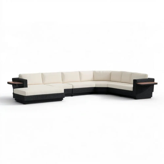 Modułowa narożna sofa ogrodowa z technorattanu PE, czarno-kremowo-brązowa, 360 x 250 x 85 cm