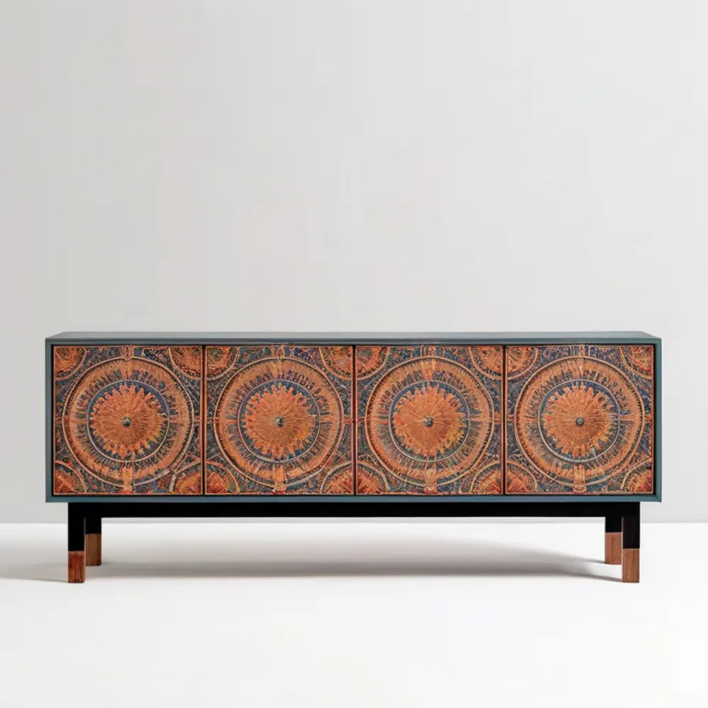 Czterodrzwiowa komoda MDF z ornamentem rozetowym, ciemnozielona/brązowa, 160 x 40 x 80 cm