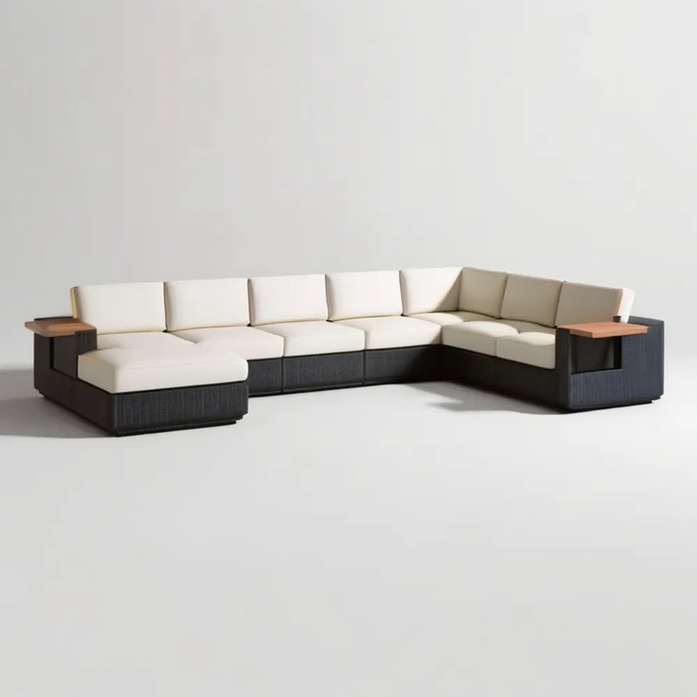 Modułowa narożna sofa ogrodowa z technorattanu PE, kremowo-czarno-brązowa, 360 × 280 cm